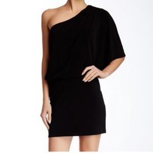 Jessica Simpson black one shoulder draped cocktail dress.